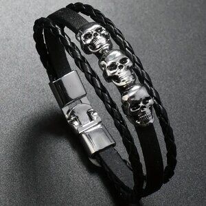 Skull Leather Bracelet Wrist Rock Edgy Gothic Grunge Punk Unisex Black Braided